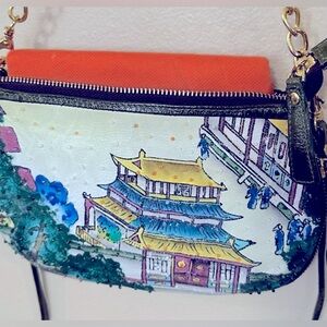 Vintage Sharif Designed in New York shoulder bag Handpainted leather Asian motif